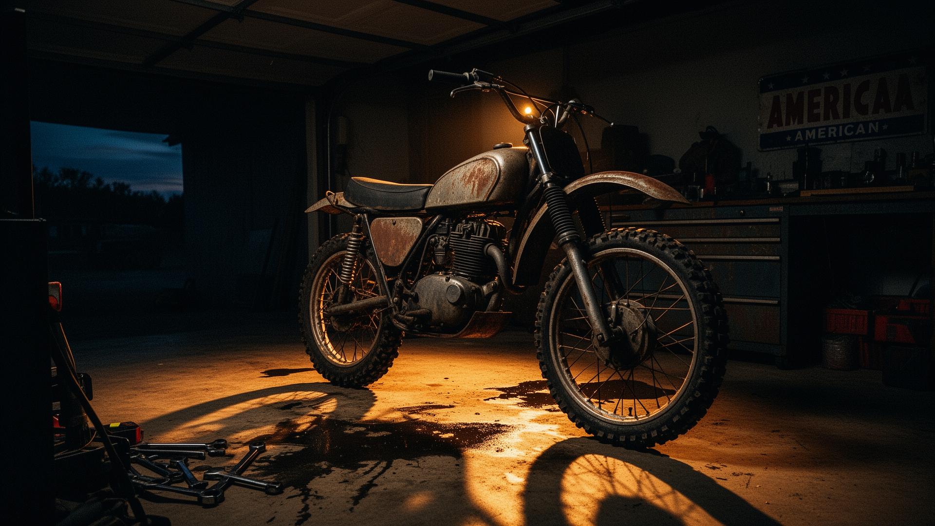 Vintage dirt bike in an oil-stained American garage at dusk